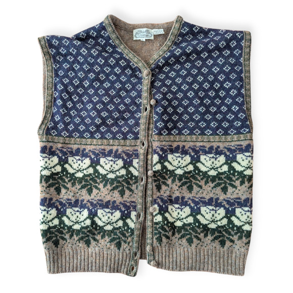 70s Villager Shetland Wool Button Down Floral Sweater Vest L - Picture 3 of 6